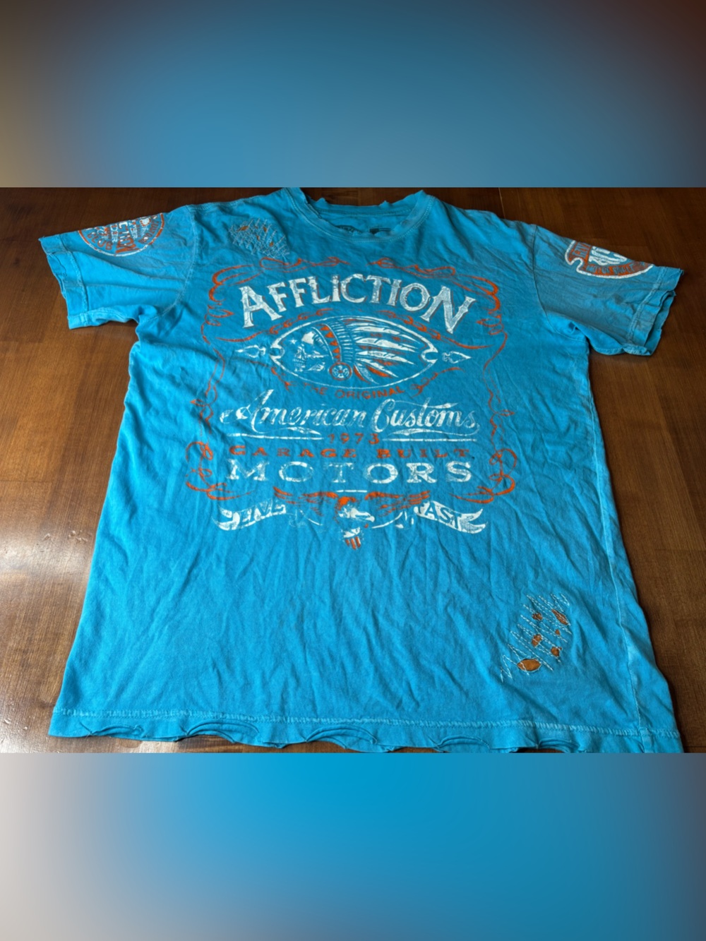 Affliction Men's Turquoise Graphic Short Sleeve Tee with Orange & White Accents